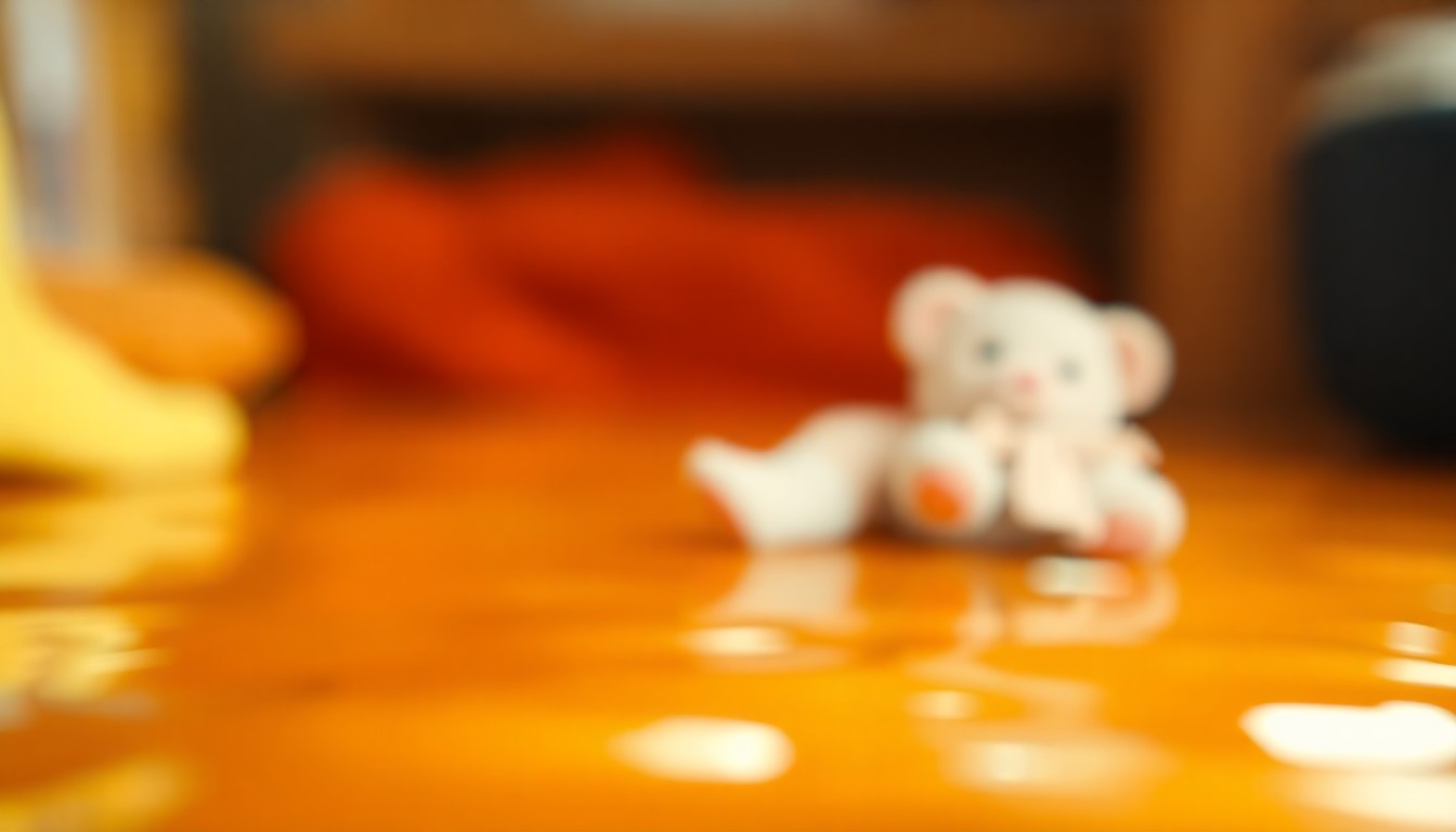 An extremely abstracted, out-of-focus photograph in warm, earthy tones, hinting at a child's toy or clothing item emerging from a blurred, atmospheric background.
