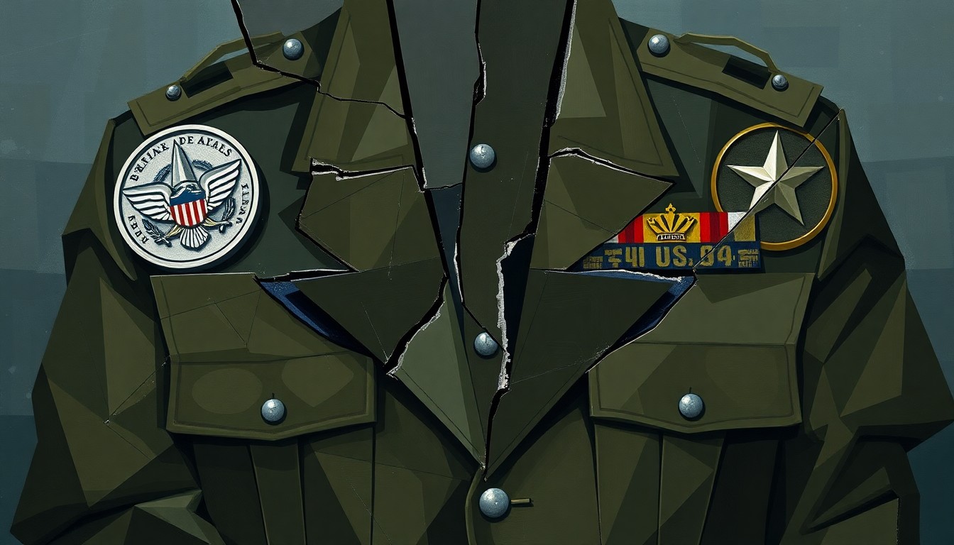 A dynamic, abstract painting composed of overlapping geometric shapes and fragments in military colors, conveying a sense of disunity and turmoil within the U.S. defense establishment.