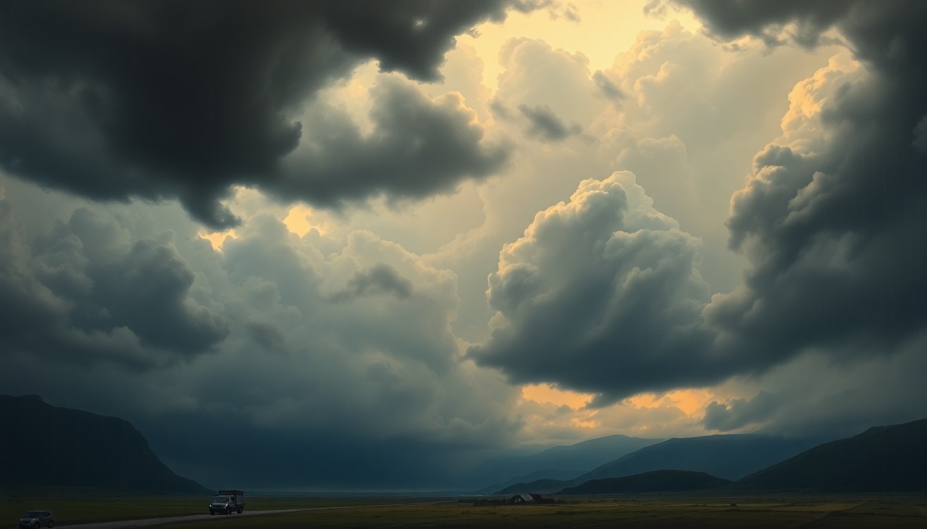 A sweeping, moody landscape painting in muted blues, grays, and whites, depicting a stormy sky with heavy rain clouds looming over a small town or city in the distance, conveying the sublime scale and power of the weather system.