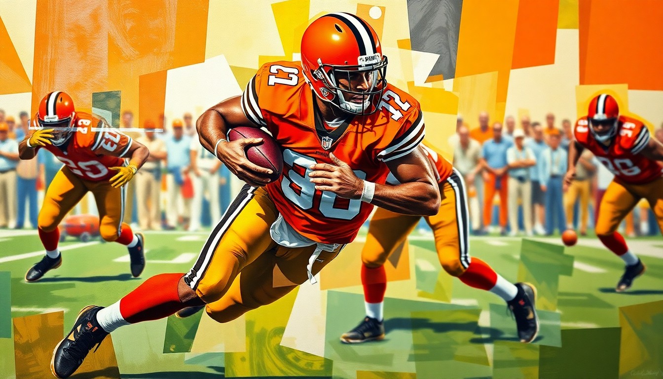 A fragmented, geometric painting depicting the explosive motion and power of a football player making a tackle, with the player's form broken down into overlapping planes of orange, brown, and black.