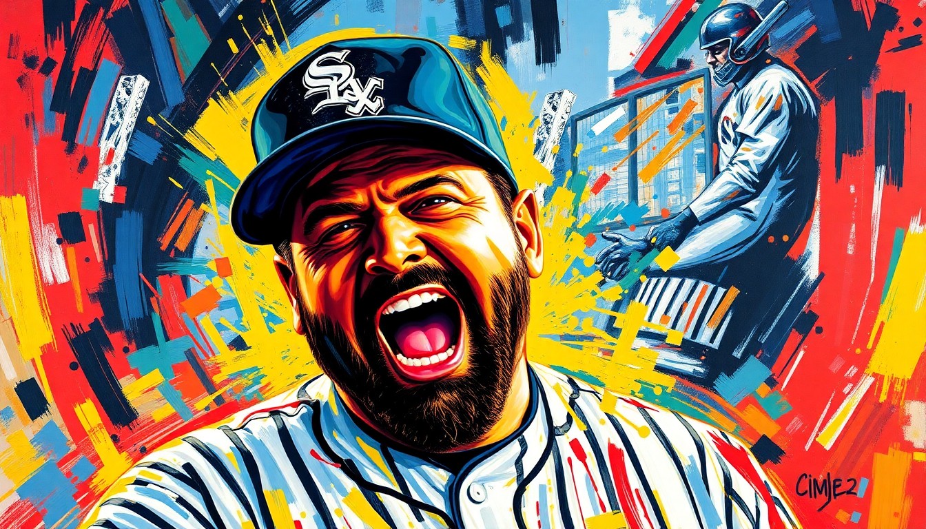 An abstract, expressionist painting featuring bold, neon-colored brushstrokes that convey the intense emotions of Ozzie Guillen as he learns his number will be retired by the Chicago White Sox.