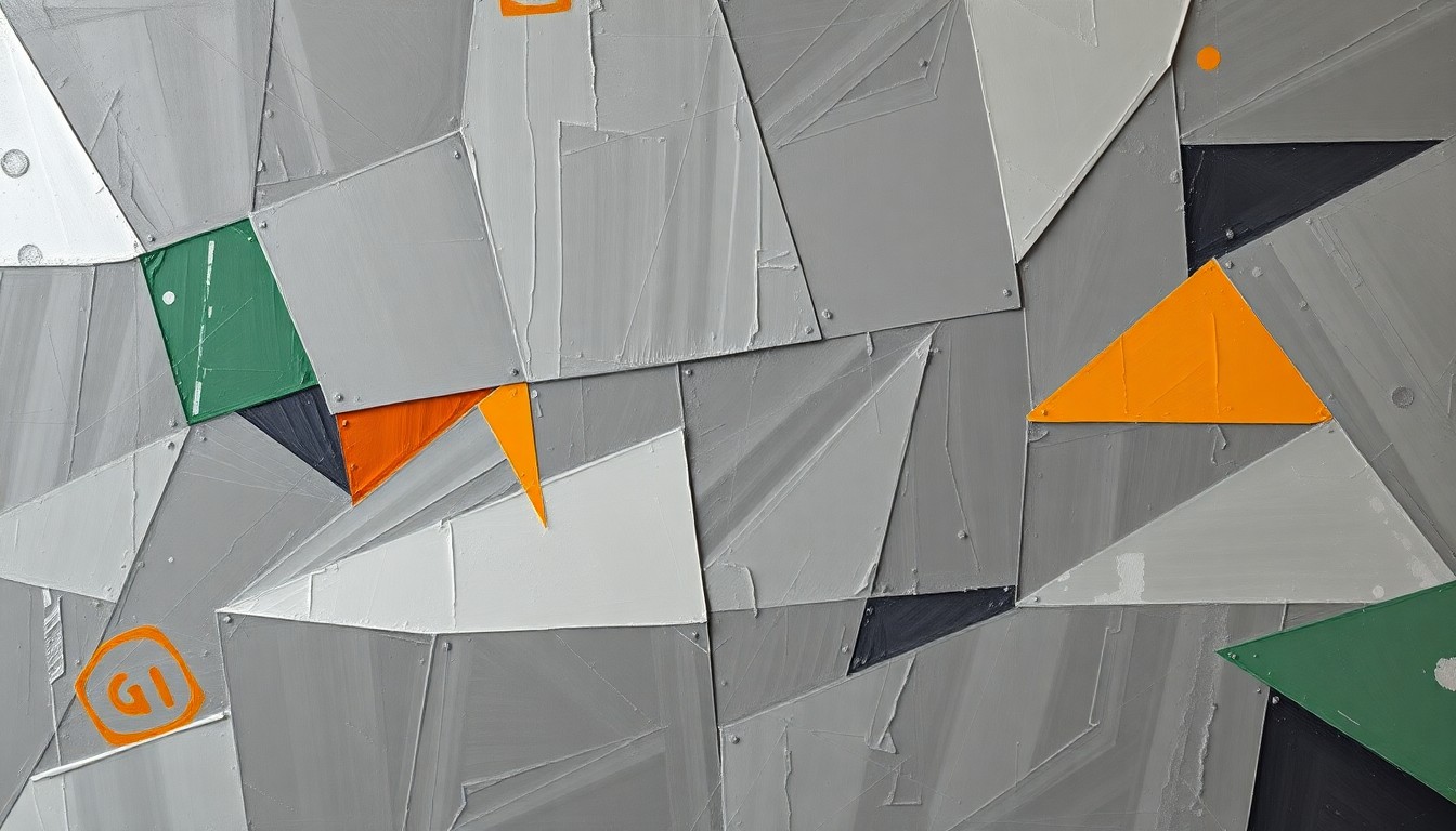 A fragmented, geometric painting depicting an abstract football defensive line formation, with sharp planes of muted colors representing the physicality and power of the Tampa Bay Buccaneers' defensive unit.