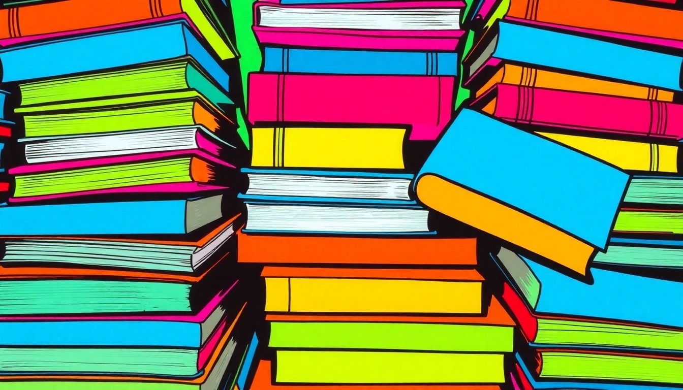 A bold, colorful silkscreen-style illustration featuring a grid of school supplies like textbooks, pencils and notebooks, conveying the progress and ongoing challenges of the New Orleans education system.