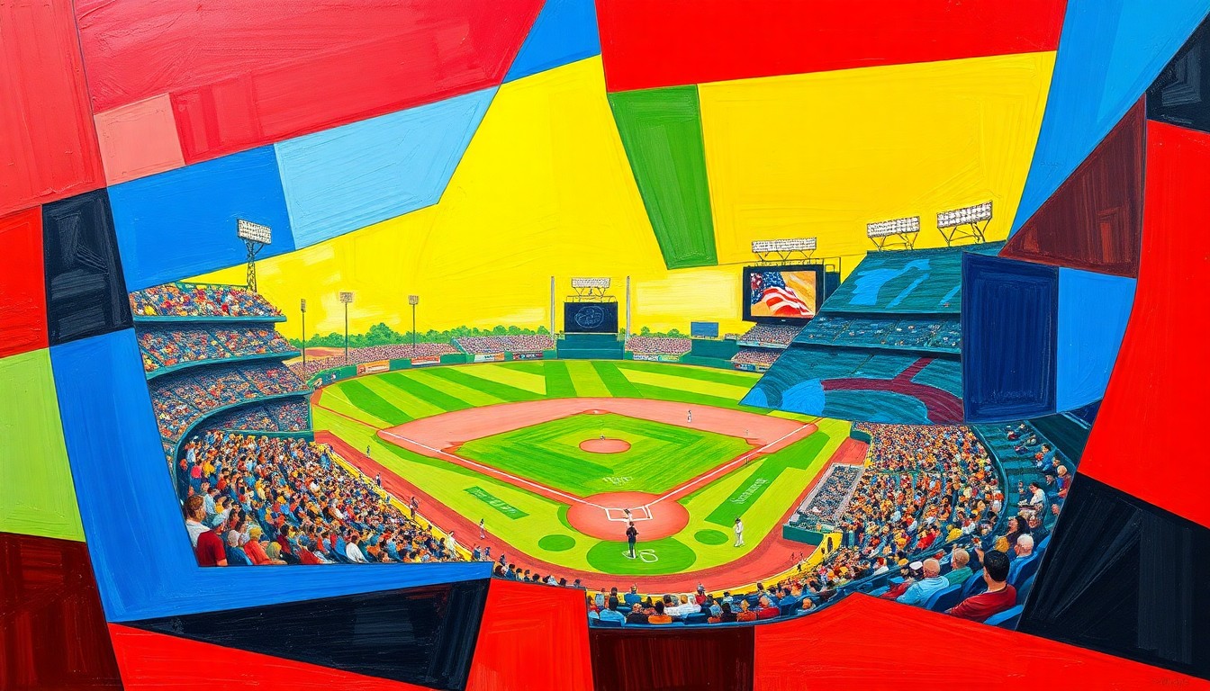 A fragmented, geometric painting in bold colors depicting the action and movement of a minor league baseball game, with players and the field deconstructed into sharp, overlapping shapes.