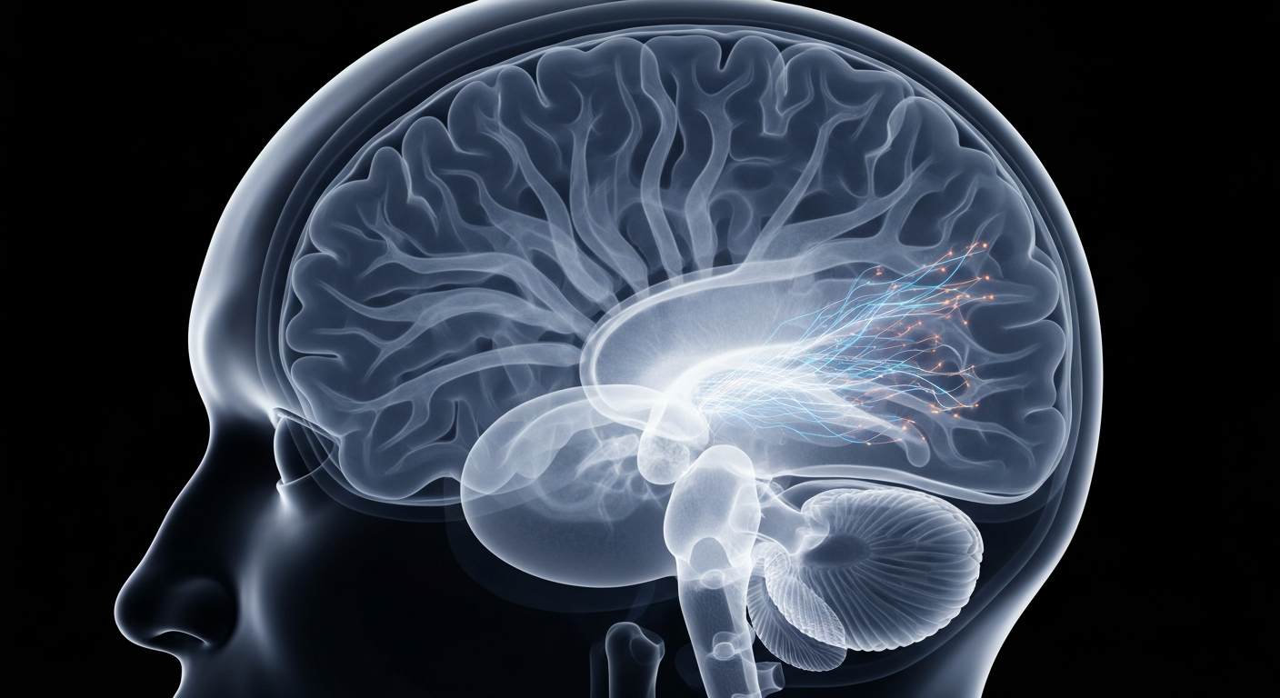 An extreme close-up X-ray photograph showing the intricate internal structures of a human brain, with ghostly glowing lines representing the disruption of natural circadian rhythms due to lack of exposure to natural light.