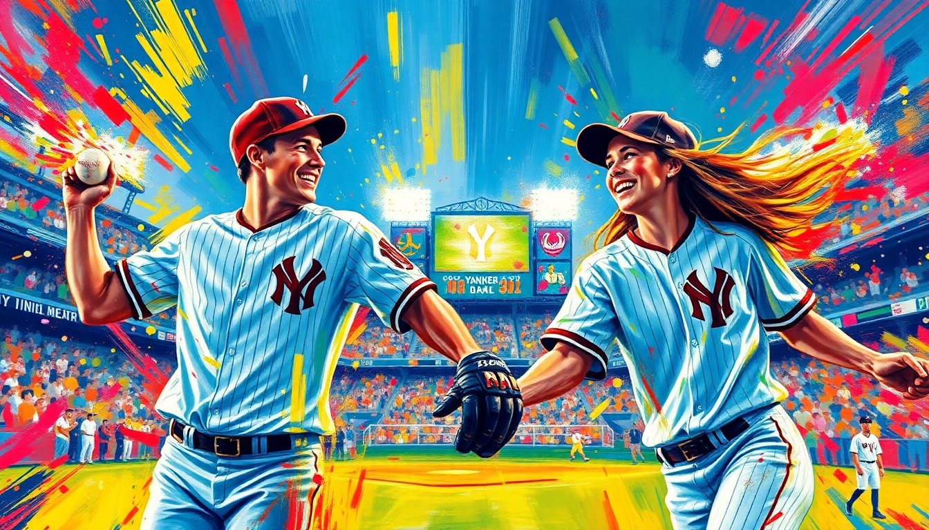 An abstract expressionist painting in vibrant neon colors, capturing the dynamic motion and energy of two athletes throwing ceremonial first pitches at a baseball stadium.