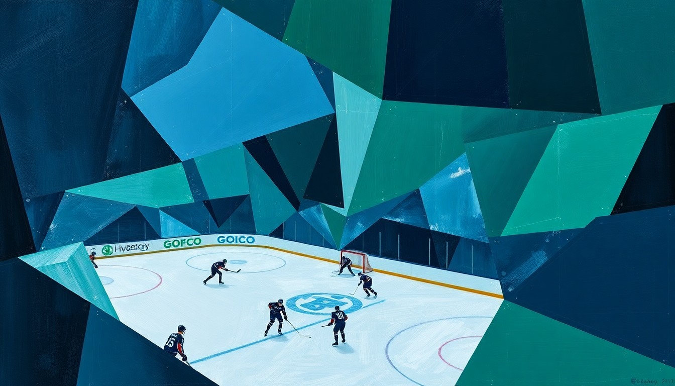 A cubist, geometric painting depicting a hockey game broken down into overlapping planes of navy, green, and silver, conveying the intensity and drama of the playoff push.