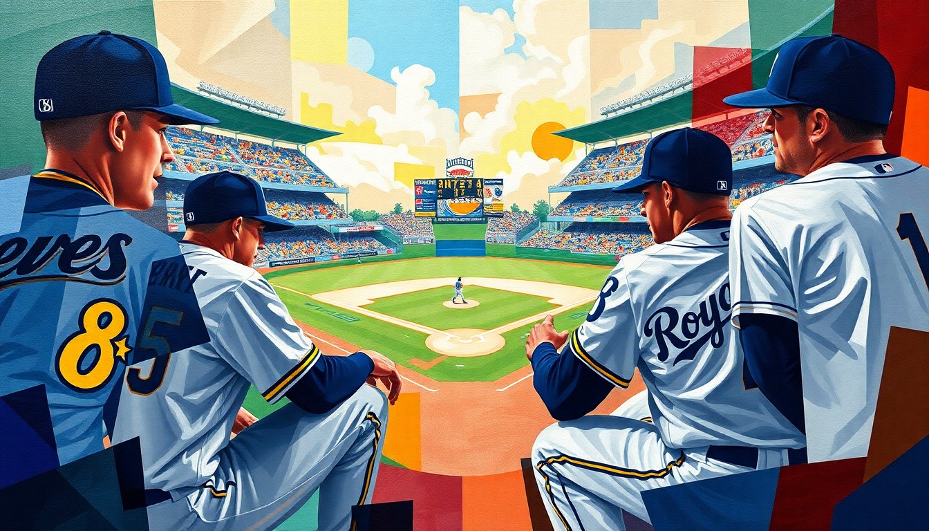 A fragmented, geometric painting in bold colors depicting the overlapping action of a baseball game, conveying the disruption and adjustment required when a game is postponed due to weather.