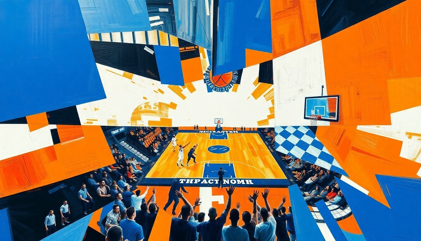 A fractured, multi-perspective painting featuring sharp, overlapping geometric shapes in vibrant colors like royal blue, orange, and white, conceptually representing the high-intensity battle between the UConn and Illinois basketball teams.