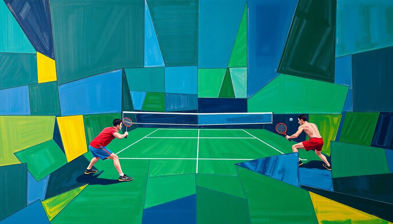 A fragmented, cubist-style painting depicting the dynamic movements and competitive energy of a badminton match, with sharp geometric shapes and bold colors representing the sport's intensity.