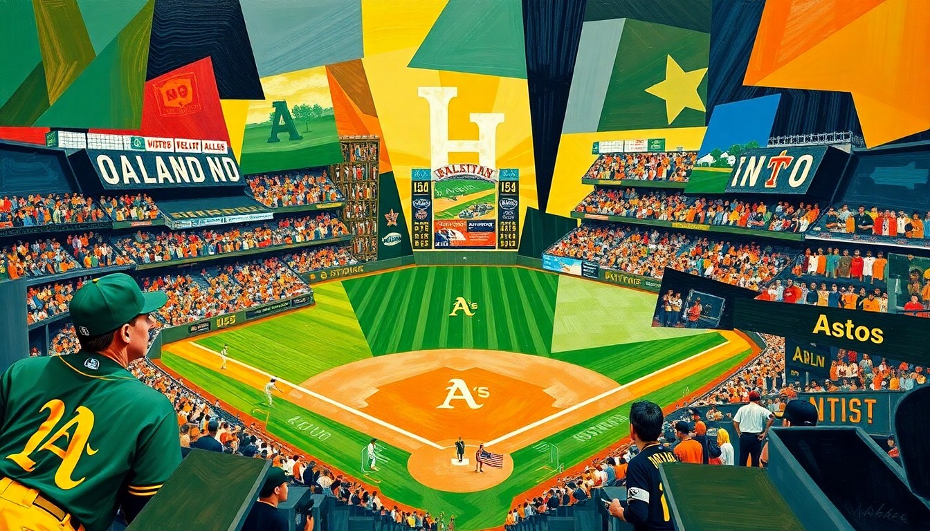 A cubist-style painting depicting a baseball game between the Oakland Athletics and Houston Astros, with the players and field broken down into sharp, overlapping geometric shapes and planes in a vibrant color palette.