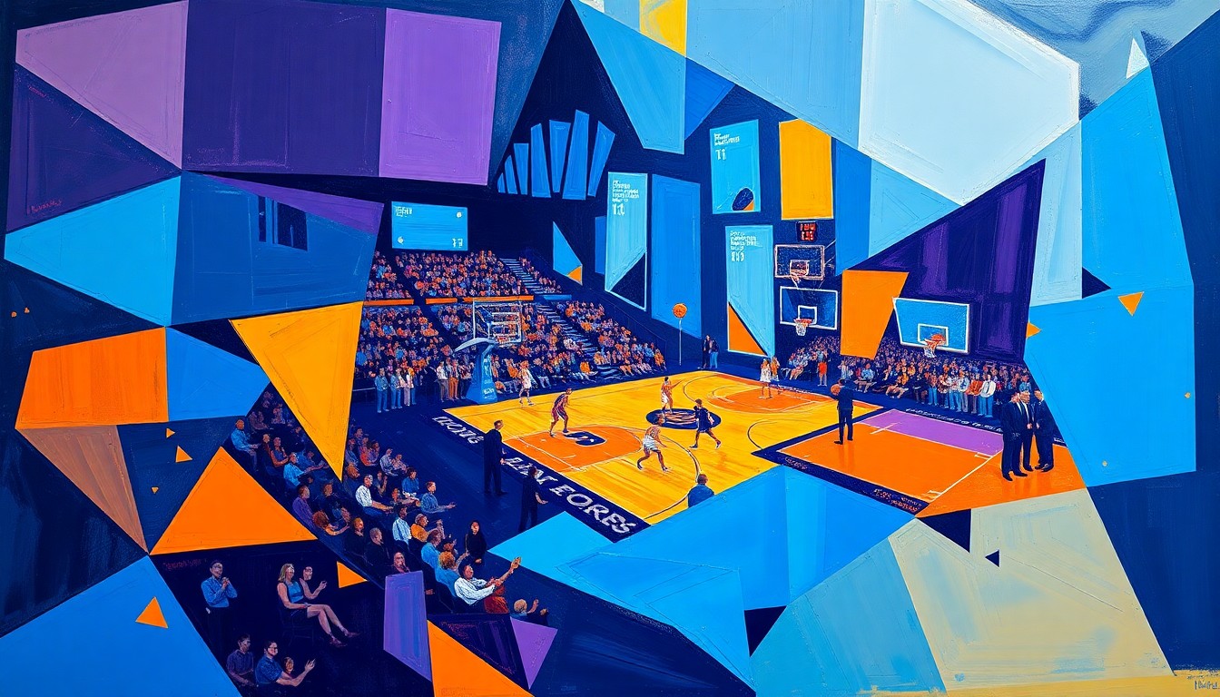 A cubist-style painting featuring fragmented, geometric shapes in a vibrant color palette, conceptually representing the complex debate over expanding the NCAA Tournament.