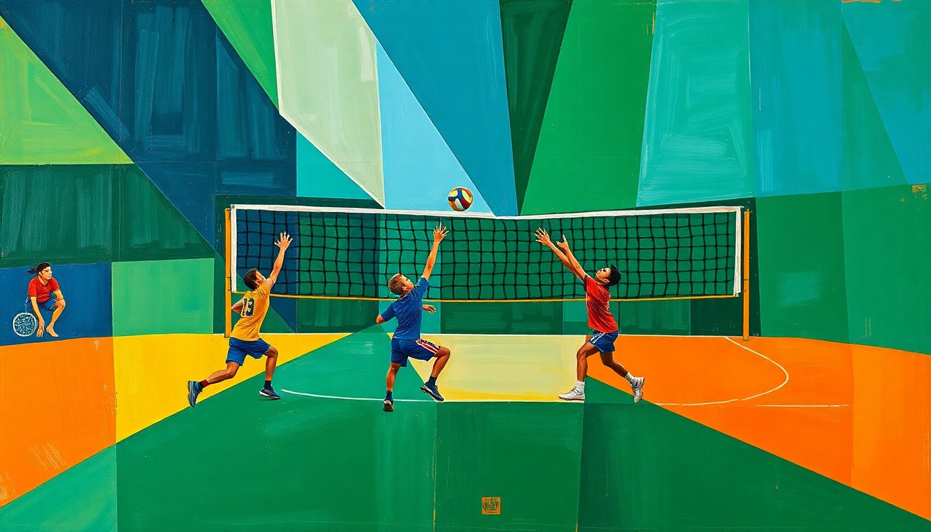 A cubist, geometric painting depicting a fragmented boys volleyball match, with overlapping planes of navy, green, and orange conveying the dynamic energy of the sport.
