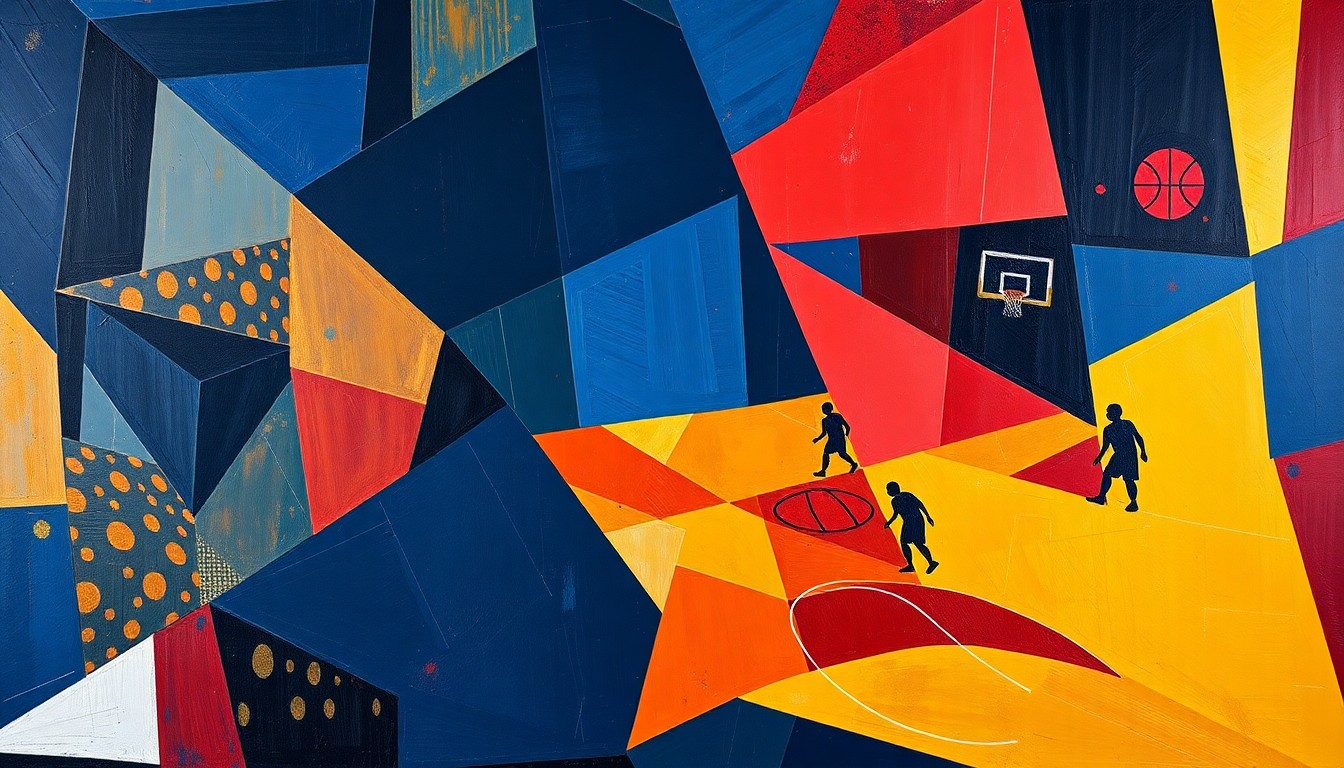 A fragmented, geometric painting in bold colors depicting the action and movement of a basketball game, conveying the excitement and talent of a young player's breakout season.