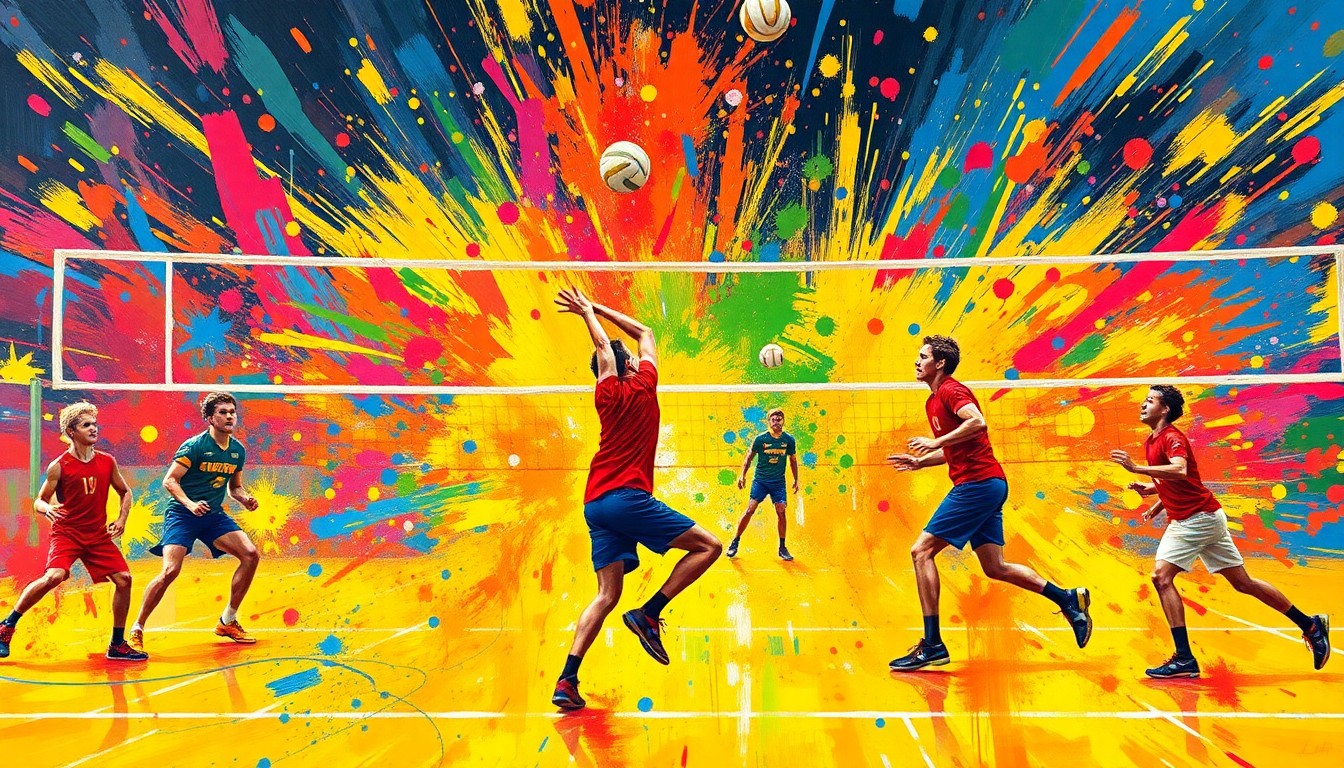An abstract, expressionist painting in vibrant neon colors, capturing the dynamic movement and energy of a boys volleyball match with players' figures dissolving into colorful brushstrokes.