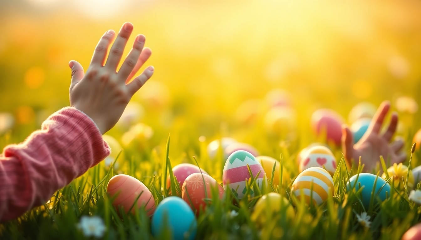 An abstract, out-of-focus photograph of children's hands reaching for brightly colored Easter eggs in a grassy field, with soft pools of warm light and color creating a dreamlike, nostalgic atmosphere.