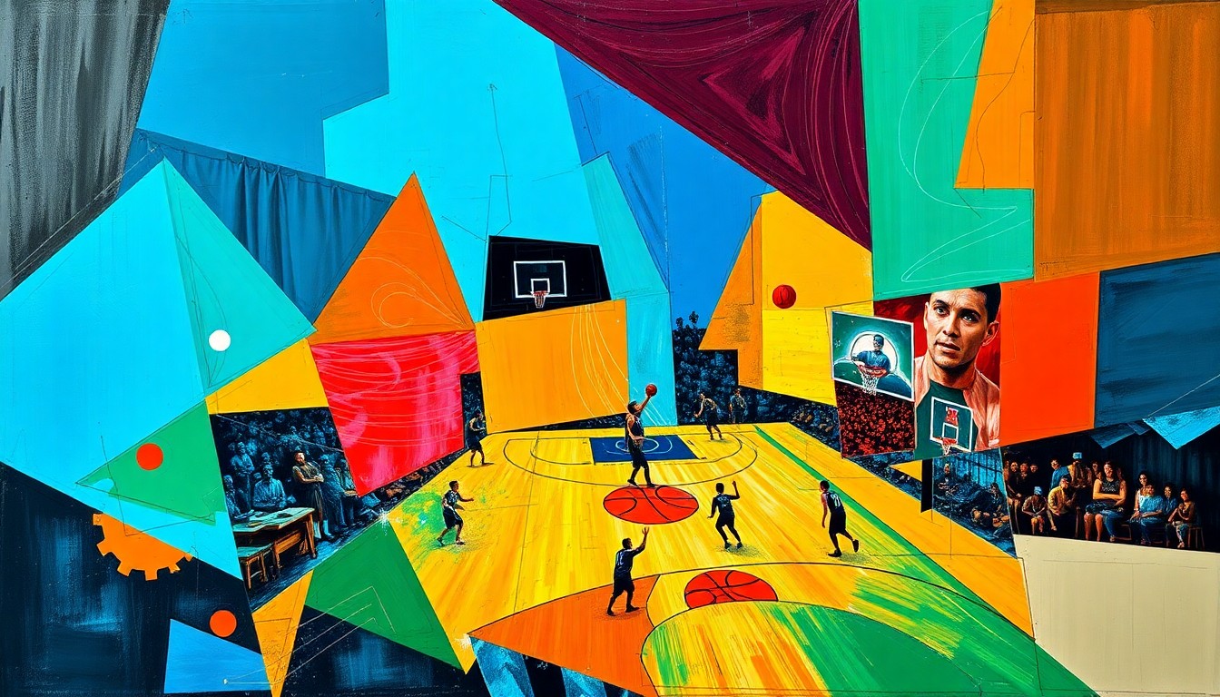 A fractured, multi-perspective painting depicting the frenetic action of a basketball game, with sharp geometric shapes and planes of color representing the players, the ball, and the court.