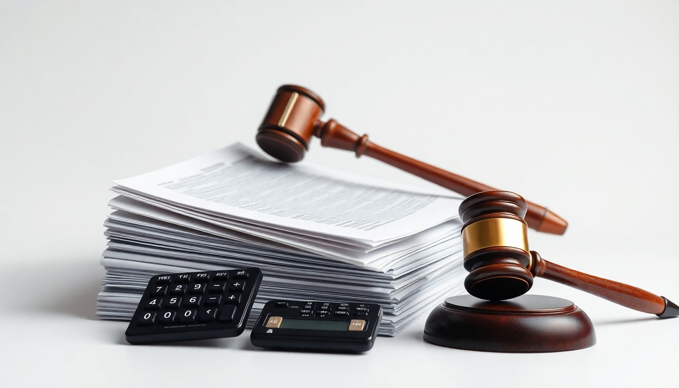 A photorealistic studio still life featuring a stack of financial documents, a calculator, and a gavel arranged on a clean, monochromatic background, conceptually representing the legal and financial implications of a class action lawsuit.