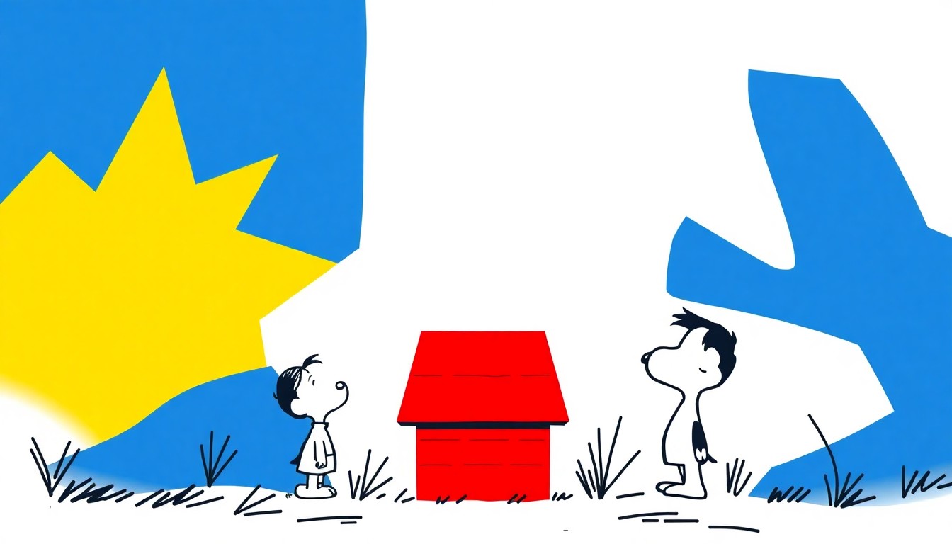 A minimalist, abstract illustration featuring bold, jagged shapes in shades of blue, yellow, and red, conceptually representing the iconic Peanuts characters and their world.