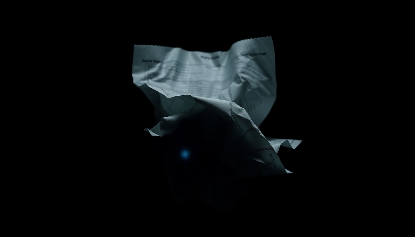 An extreme close-up of a crumpled financial document reflecting a harsh, direct camera flash, conceptually illustrating the gritty reality of financial crimes against the elderly.