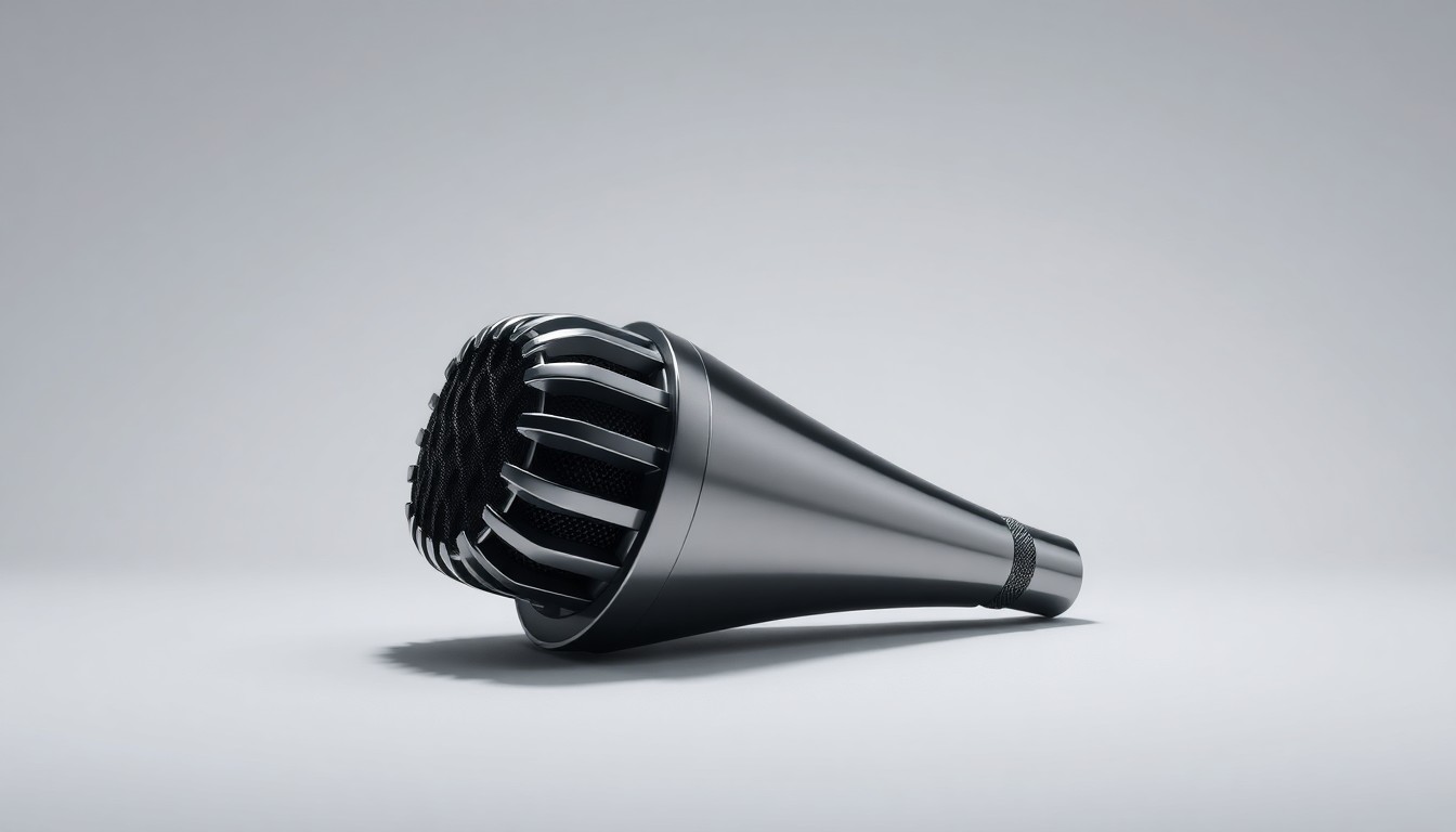 A high-end, photorealistic studio still-life photograph featuring a polished, geometric metal sculpture in the shape of a microphone or audio speaker, resting on a clean, monochromatic background and dramatically lit to represent the premium design and technology of audio products created by Santa Barbara entrepreneurs.