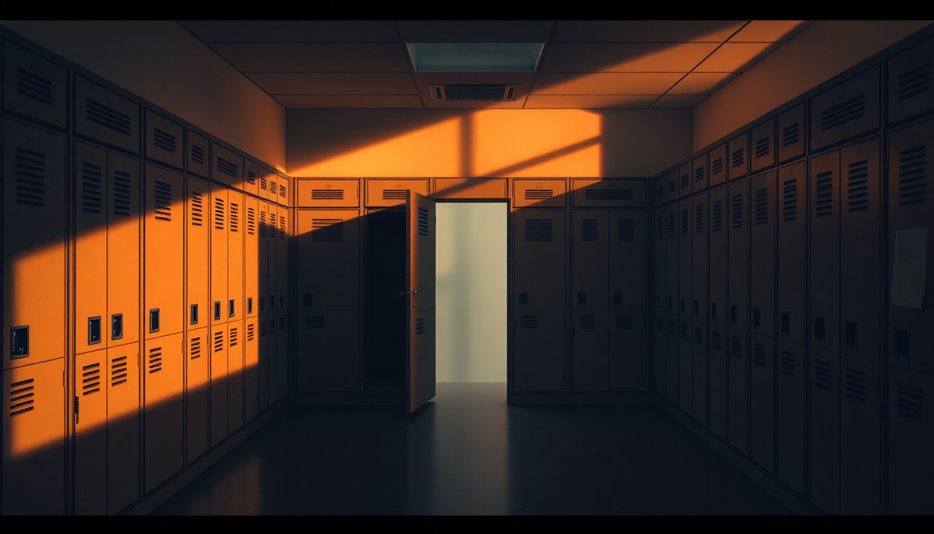 A photorealistic painting of an empty school locker room with a single open locker door, bathing the scene in warm, diagonal sunlight and deep shadows, conveying a sense of unease and violation.
