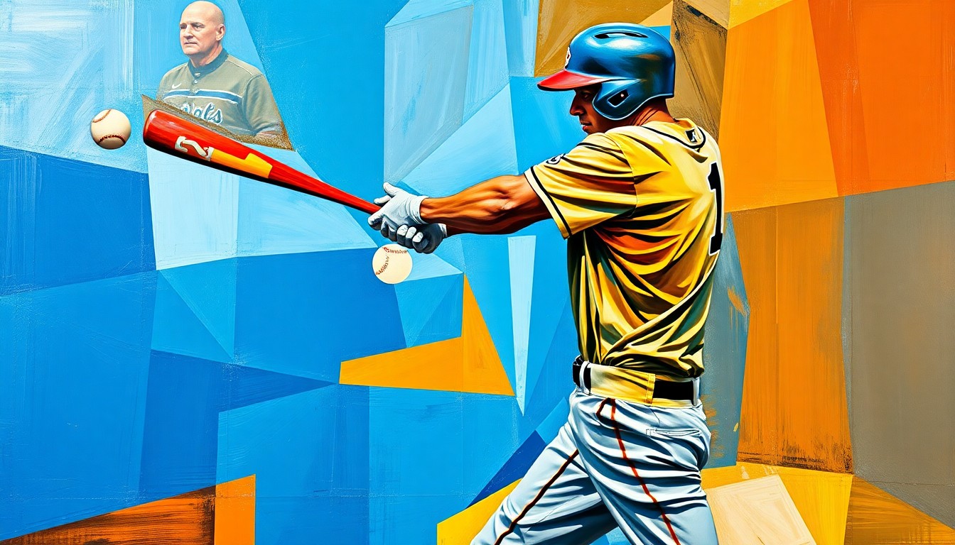 A fractured, multi-perspective painting depicting a baseball player swinging at a pitch, the action broken down into sharp, overlapping geometric planes in a vibrant color palette.