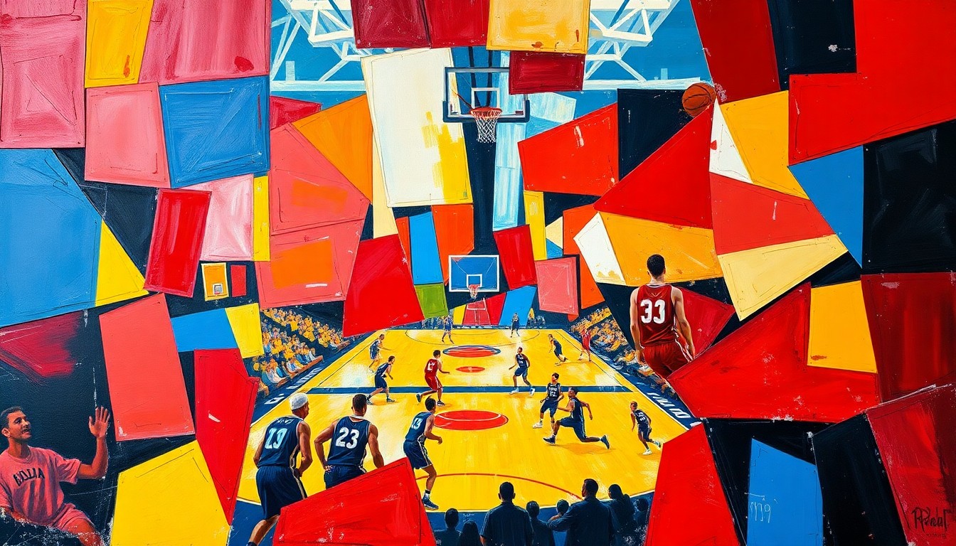 A fragmented, geometric painting in bold primary colors depicting the dynamic movement and energy of a high school basketball game, with players and the court deconstructed into overlapping angular shapes.