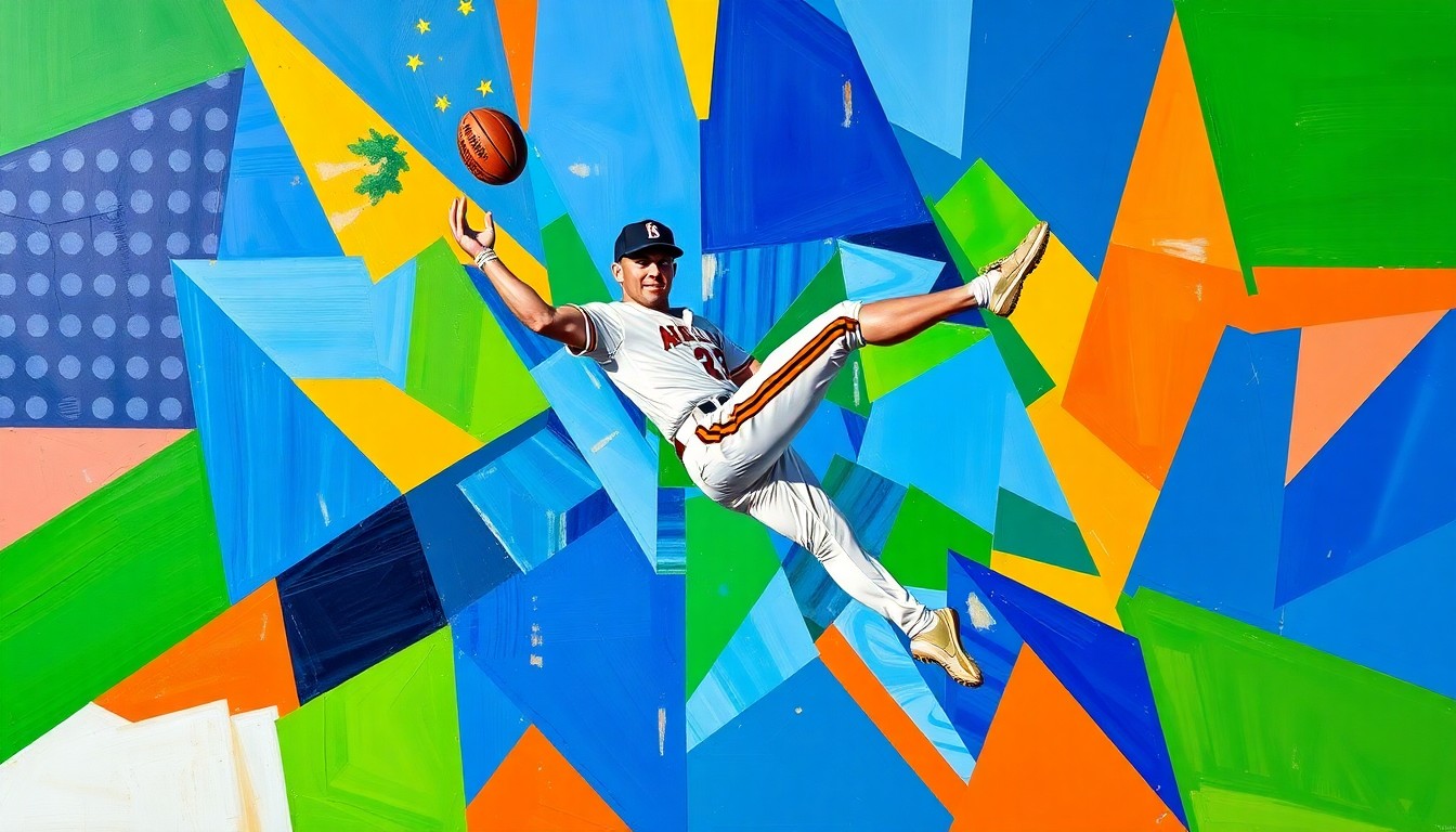 A cubist, geometric painting depicting Cody Bellinger's acrobatic catch, with the baseball and outfielder's body broken down into sharp, overlapping planes of bright colors.
