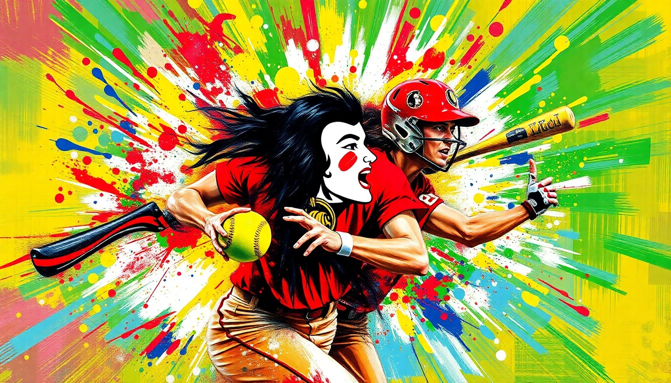 An abstract, expressionist painting in vibrant neon colors depicting the dynamic motion and energy of a softball game, with players' forms dissolving into bold, gestural brushstrokes.