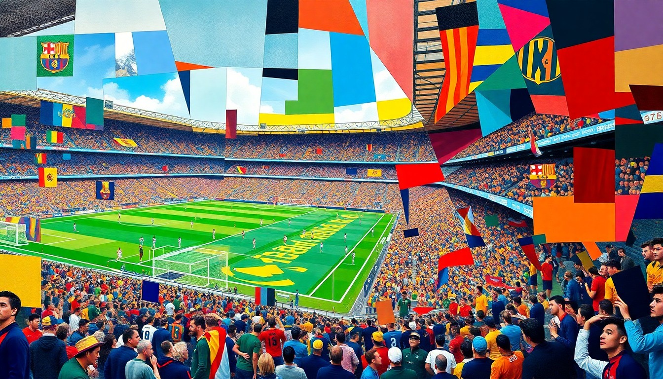 A cubist-style painting featuring overlapping geometric shapes and planes in the team colors of the local soccer club, conceptually representing the chaotic scene of a stadium wall collapse.