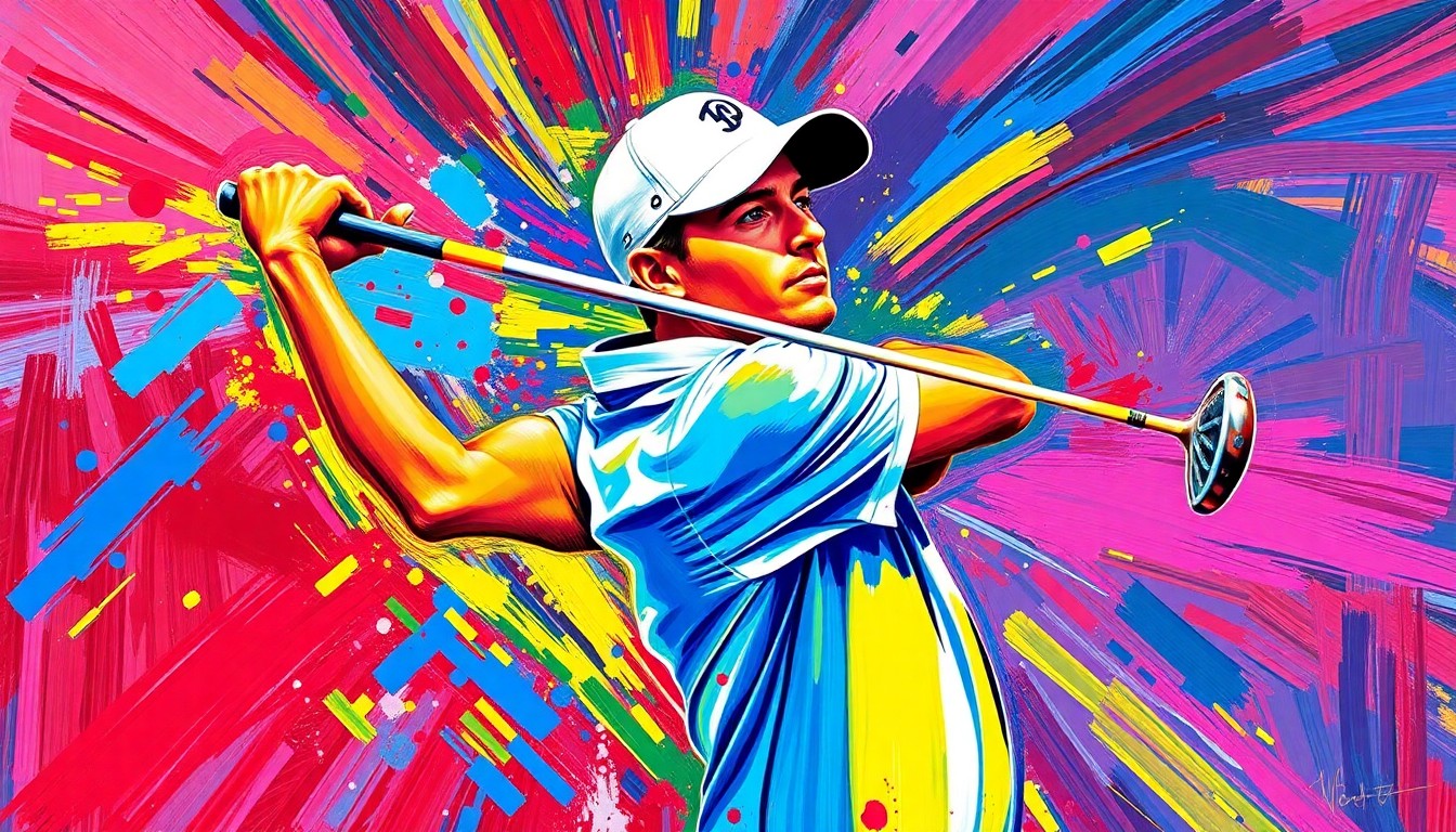 An abstract, energetic painting featuring bold, neon-colored brushstrokes that capture the dynamic motion and power of a professional golfer's swing, conveying the excitement and high-stakes drama of the Texas Open tournament.