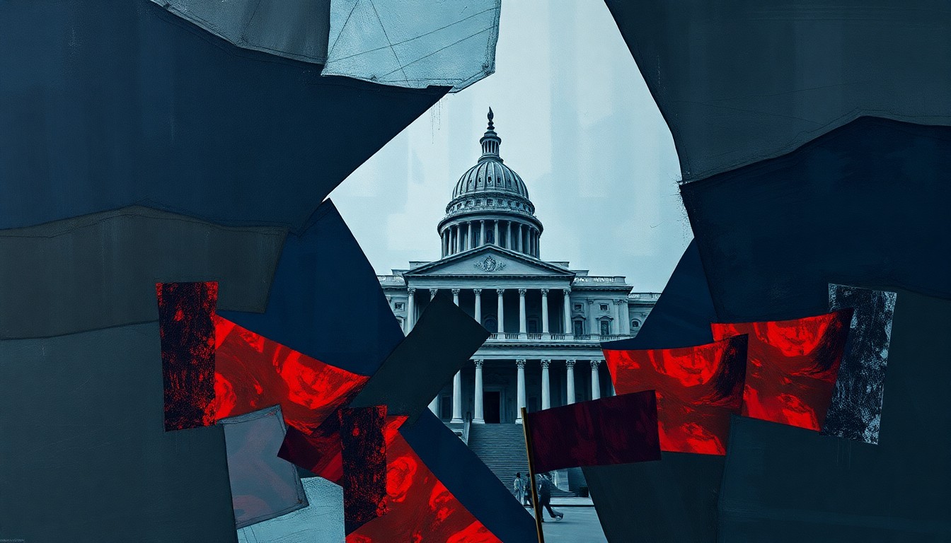 A fractured, abstract painting of a government building or legislative chamber, with overlapping geometric shapes and waves of dark blue, charcoal gray, and muted red, conveying a sense of political upheaval and changing power dynamics.