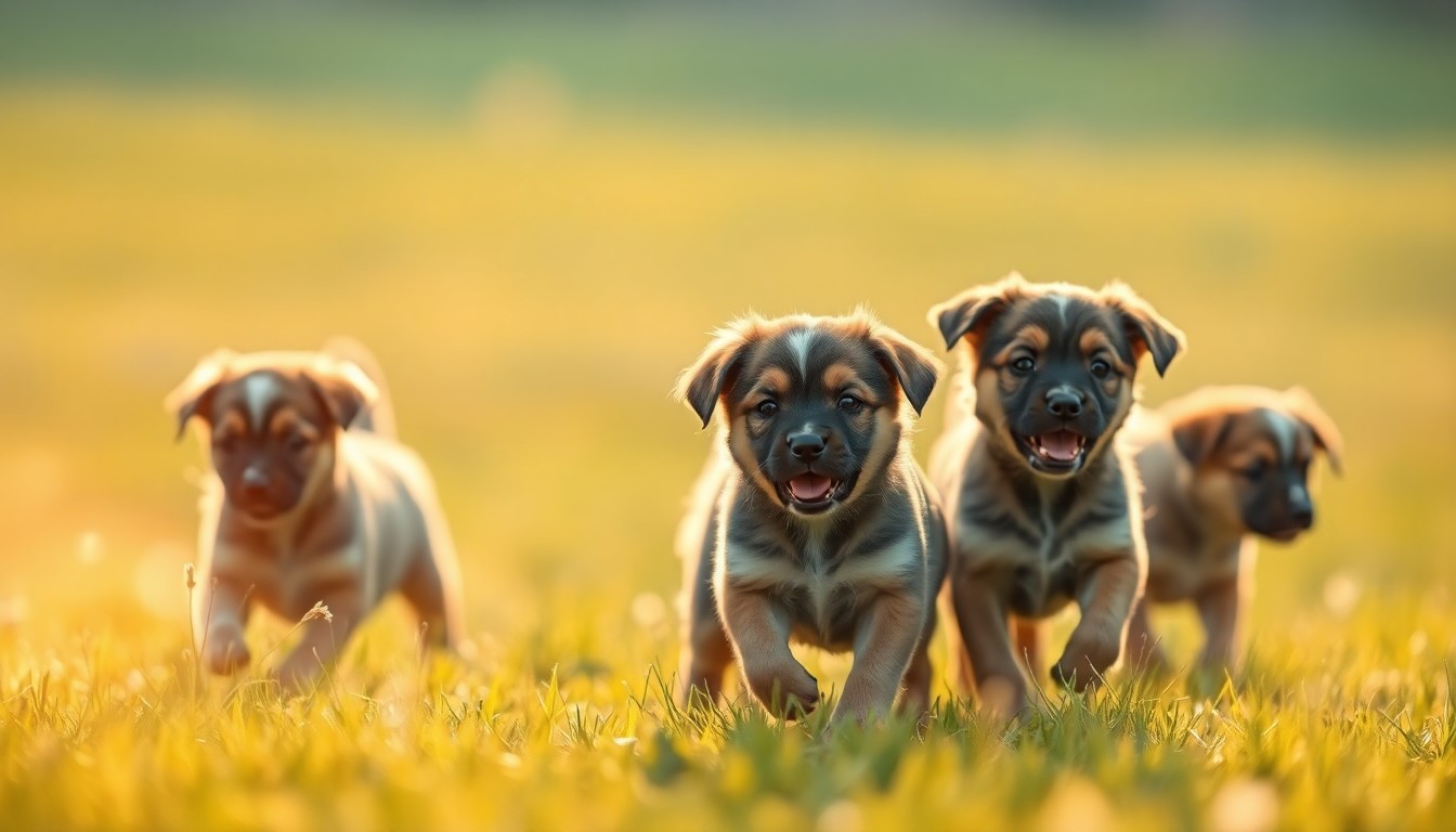 An abstract, out-of-focus photograph featuring a group of puppies playing in a grassy field, with warm, blurred pools of light and color creating a serene, dreamlike atmosphere.