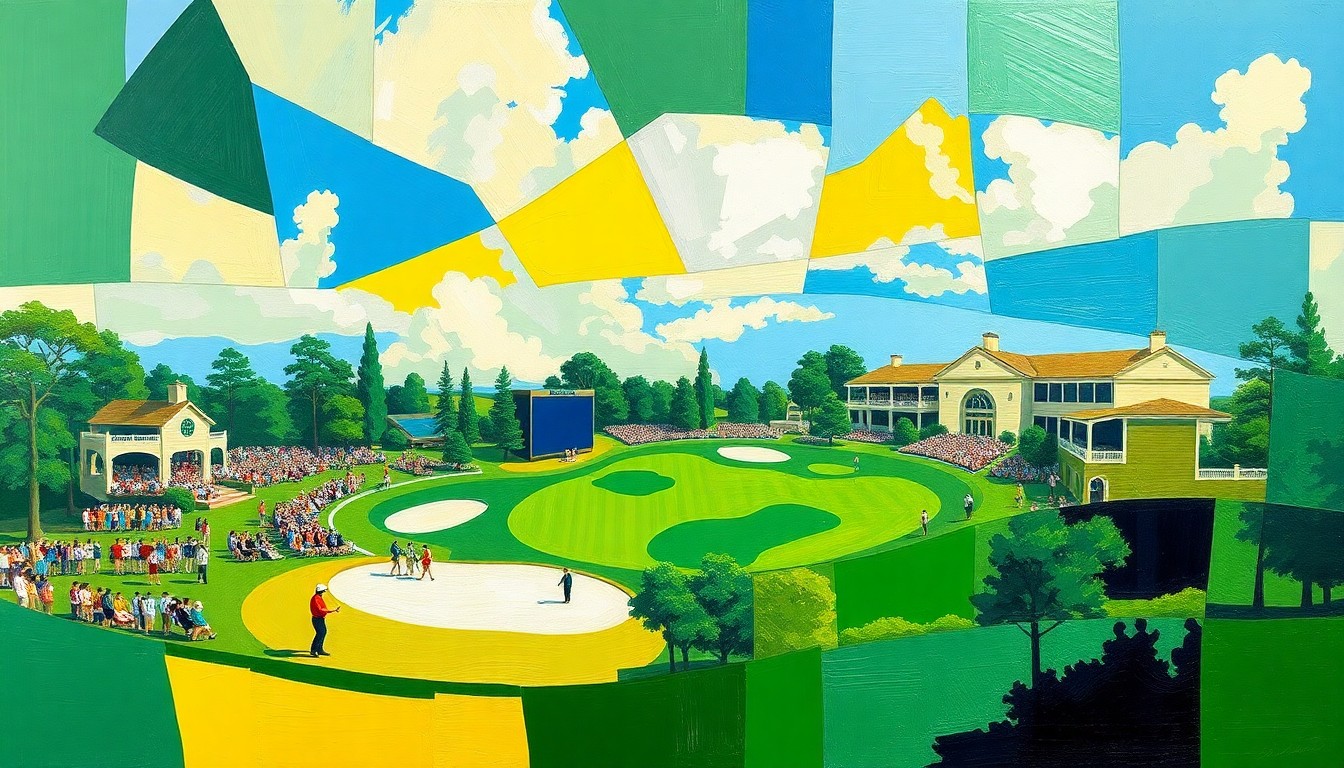 A fragmented, geometric painting in bold colors depicting a conceptual golf scene, with overlapping shapes and planes representing the excitement and unpredictability of the upcoming Masters tournament.