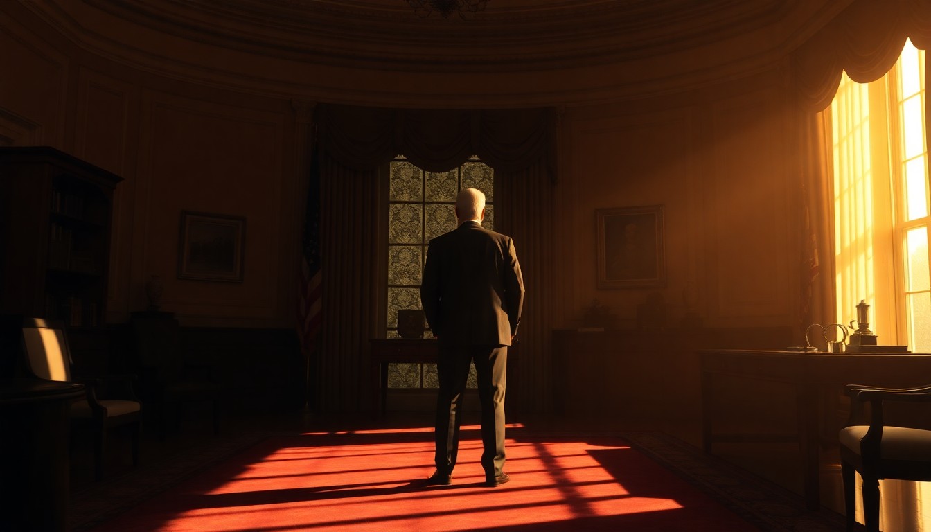 A cinematic painting of a solitary figure of a former president standing alone in the Oval Office, bathed in warm, diagonal sunlight and deep shadows, conveying a sense of quiet contemplation and the weight of political power.