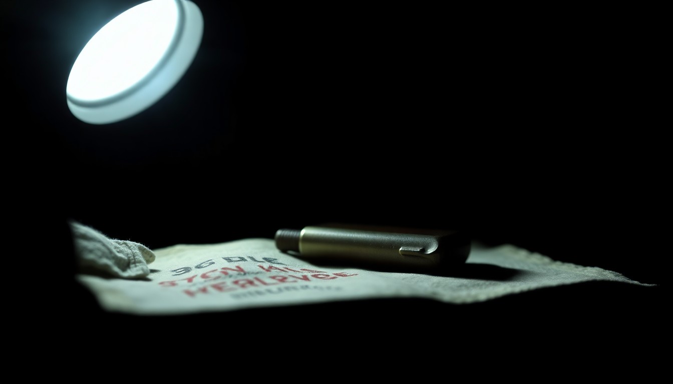 An extreme close-up photograph of a single piece of physical evidence related to the Hopewell teen murder case, such as a piece of clothing, a weapon, or an item found at the crime scene, lit by a harsh, direct camera flash against a pitch-black background, creating a stark, investigative aesthetic.