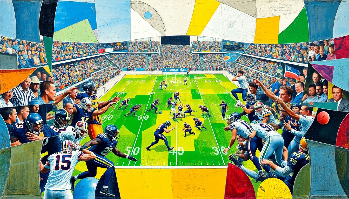 A fragmented, geometric painting depicting the intense action and competition of an American football game, with sharp, overlapping planes of color and form representing the rivalry between two teams.