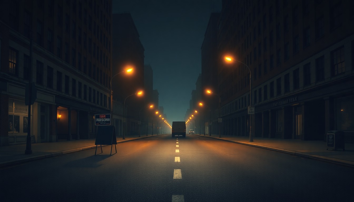 A dimly lit, cinematic street scene with a lone campaign sign or political poster in the foreground, conveying a sense of quiet contemplation and the weight of political divisions in the city.