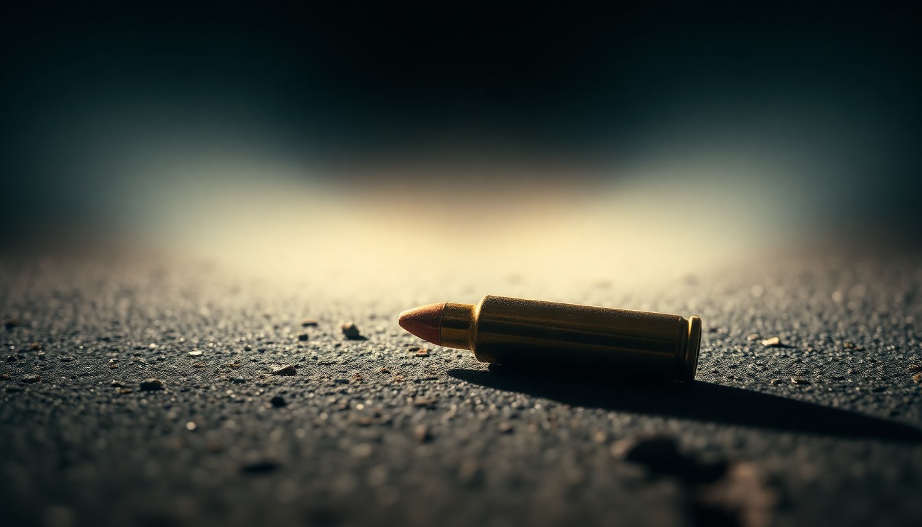 An extreme close-up photograph of a spent bullet casing on a dark concrete surface, capturing the gritty, investigative nature of the crime scene through dramatic lighting and shallow depth of field.