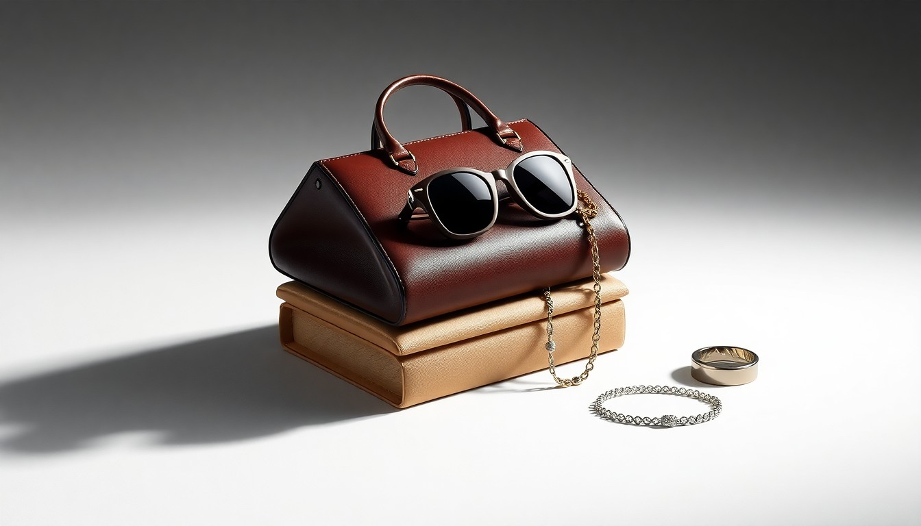 A high-end studio photograph featuring a stack of luxury fashion items, including a designer handbag, sunglasses, and jewelry, arranged elegantly on a clean, monochromatic background, representing the quality and authentication processes in the luxury resale industry.