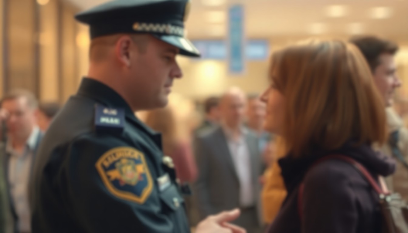 An abstracted, out-of-focus photograph of a police officer speaking with a person, the figures blurred in a warm, hazy light wash, conceptually representing the specialized training to handle mental health crises.