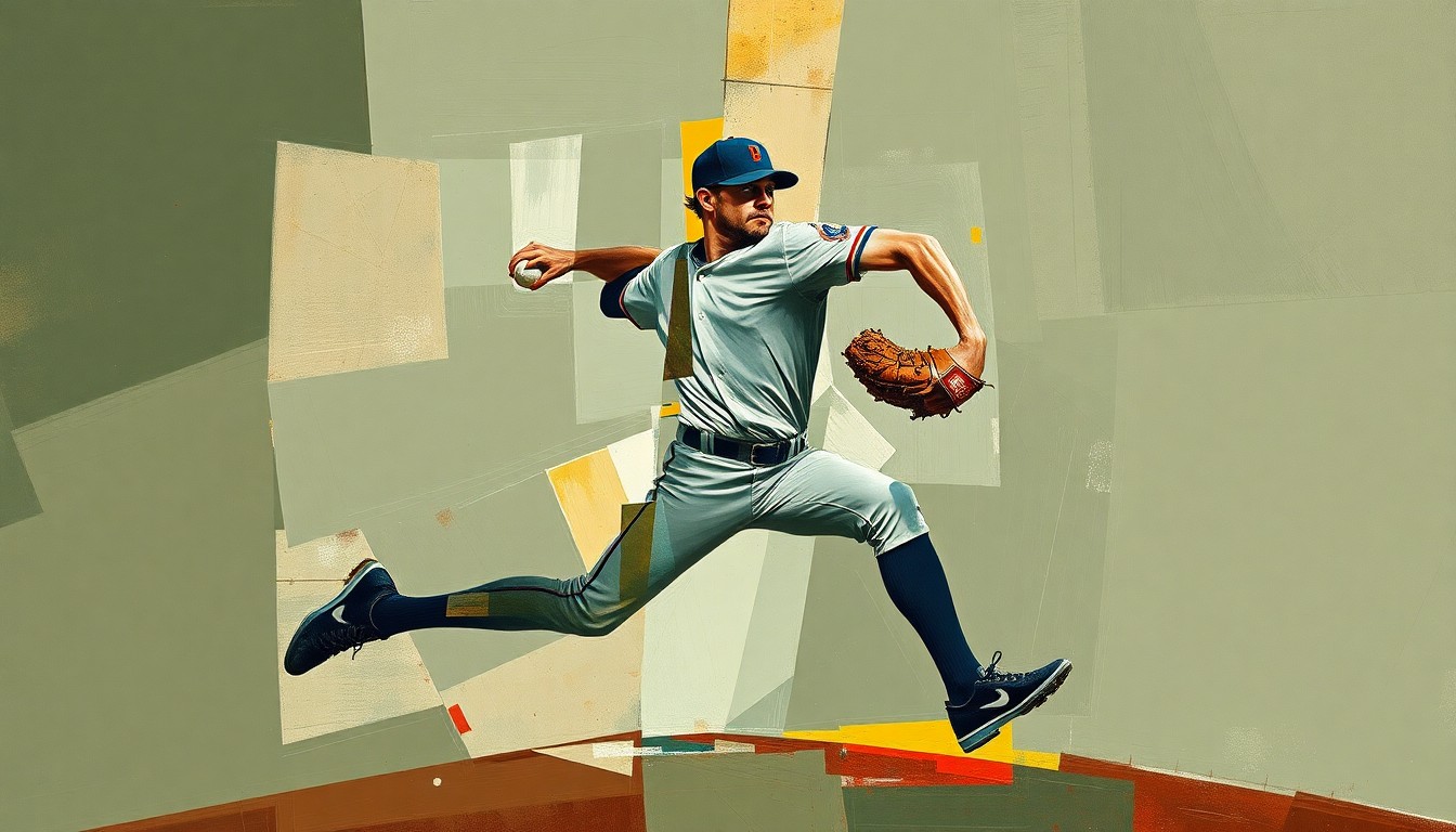 A fragmented, geometric painting depicting the motion of a baseball pitcher, with sharp planes of muted earth tones and flashes of bright color.