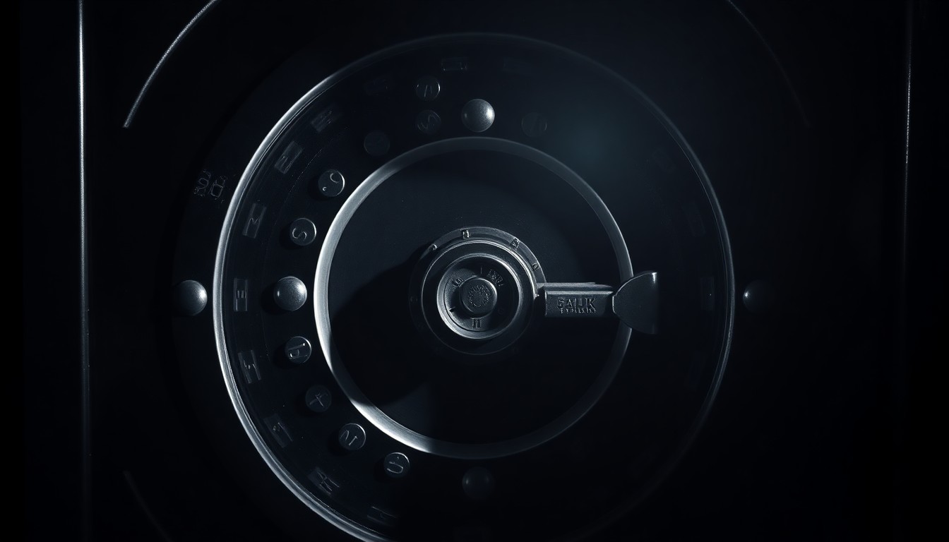 An extreme close-up of a metallic bank vault lock mechanism, its intricate details and textures dramatically illuminated by a harsh, direct camera flash against a pitch-black background, conceptually representing the Federal Reserve's investigation into financial crimes.
