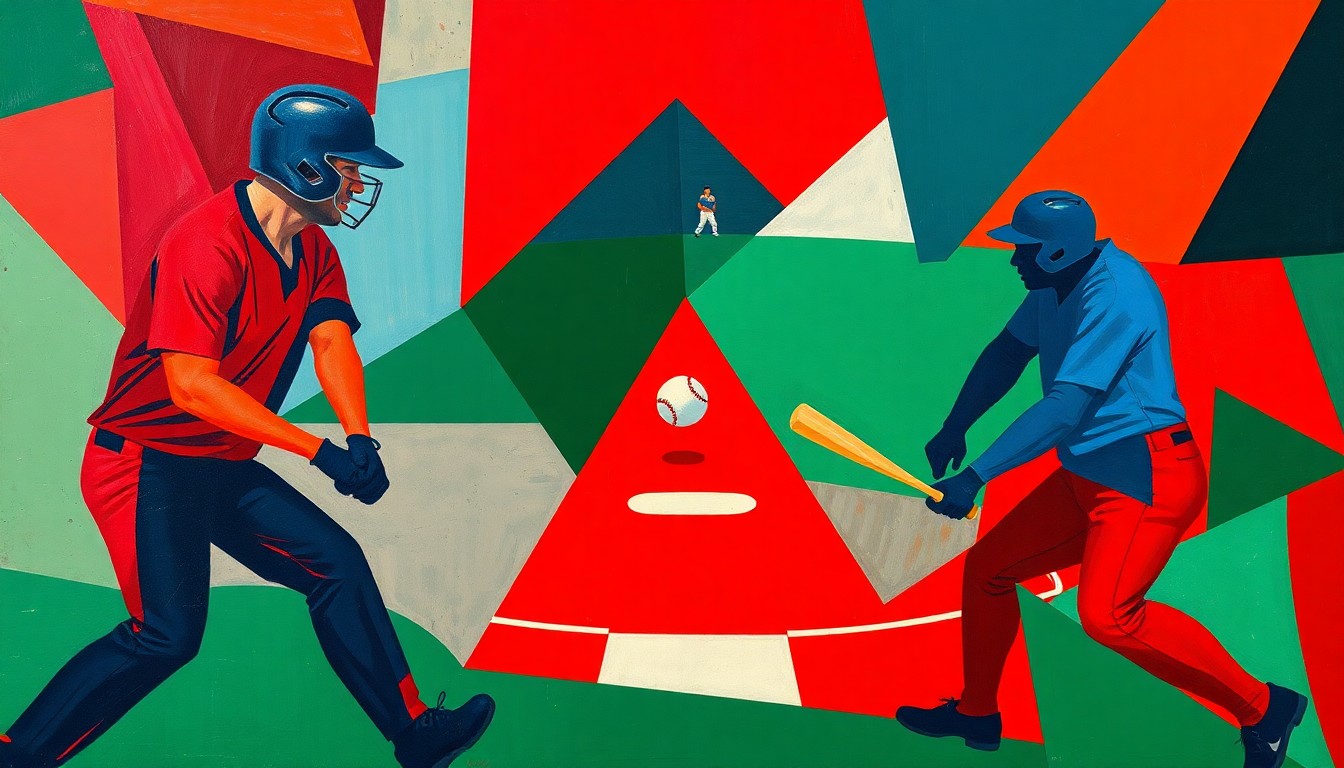 A cubist, geometric painting depicting a baseball game in progress, with the players' forms broken down into abstracted shapes and planes of bright red, navy blue, and forest green.