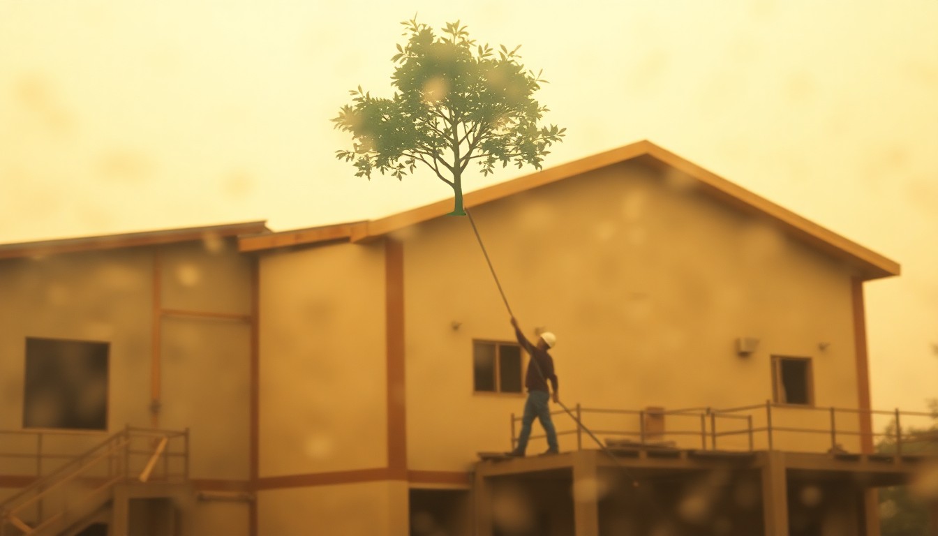 An abstract, impressionistic scene of blurred construction workers raising a small tree to the top of a partially completed school building, conveying the celebratory mood of the topping out ceremony.