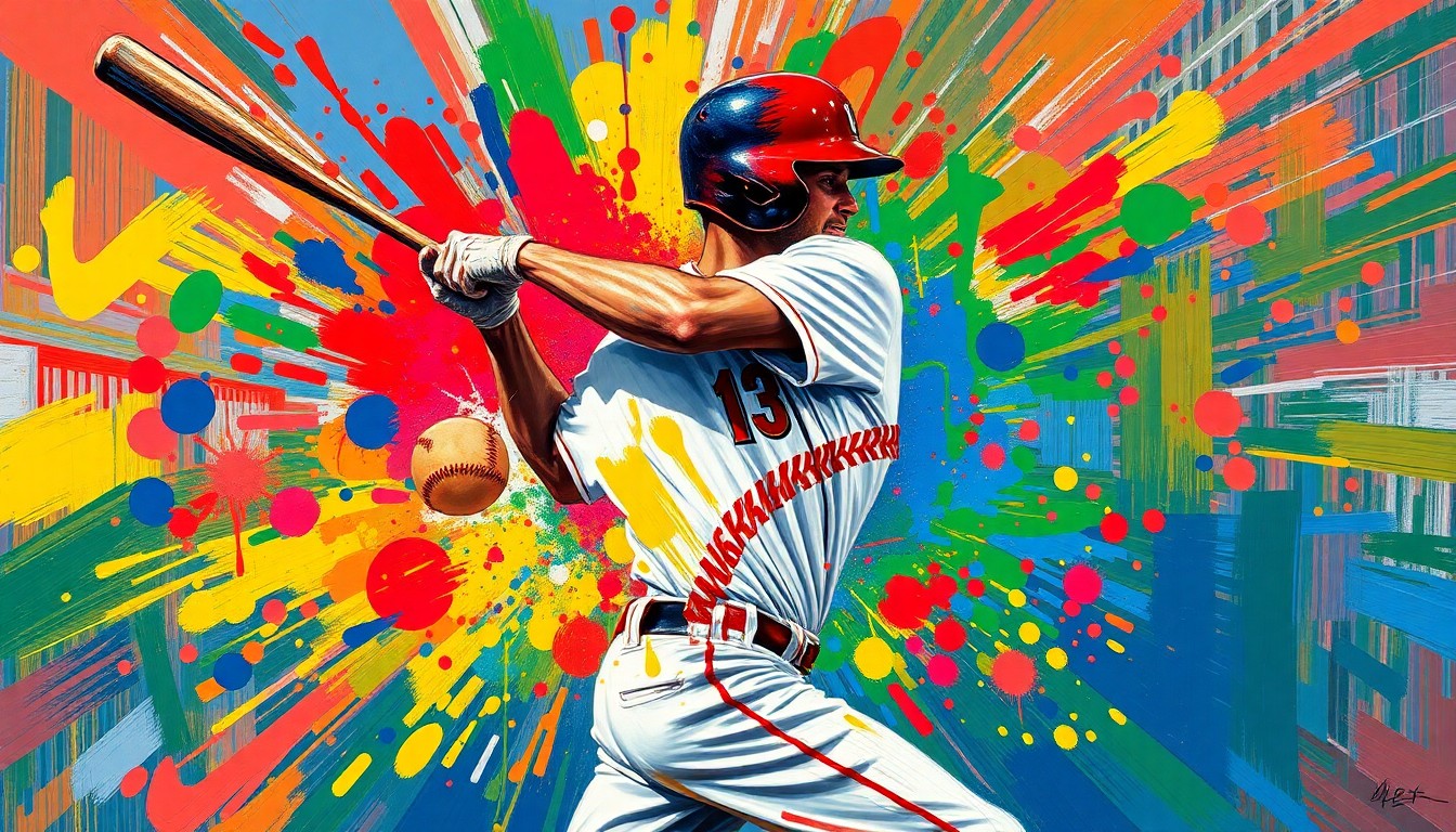 An extreme close-up of Caleb Durbin's batting form, rendered in a vibrant, expressionist style with rapid brushstrokes and neon colors, capturing the raw energy and movement of his game-changing hit.