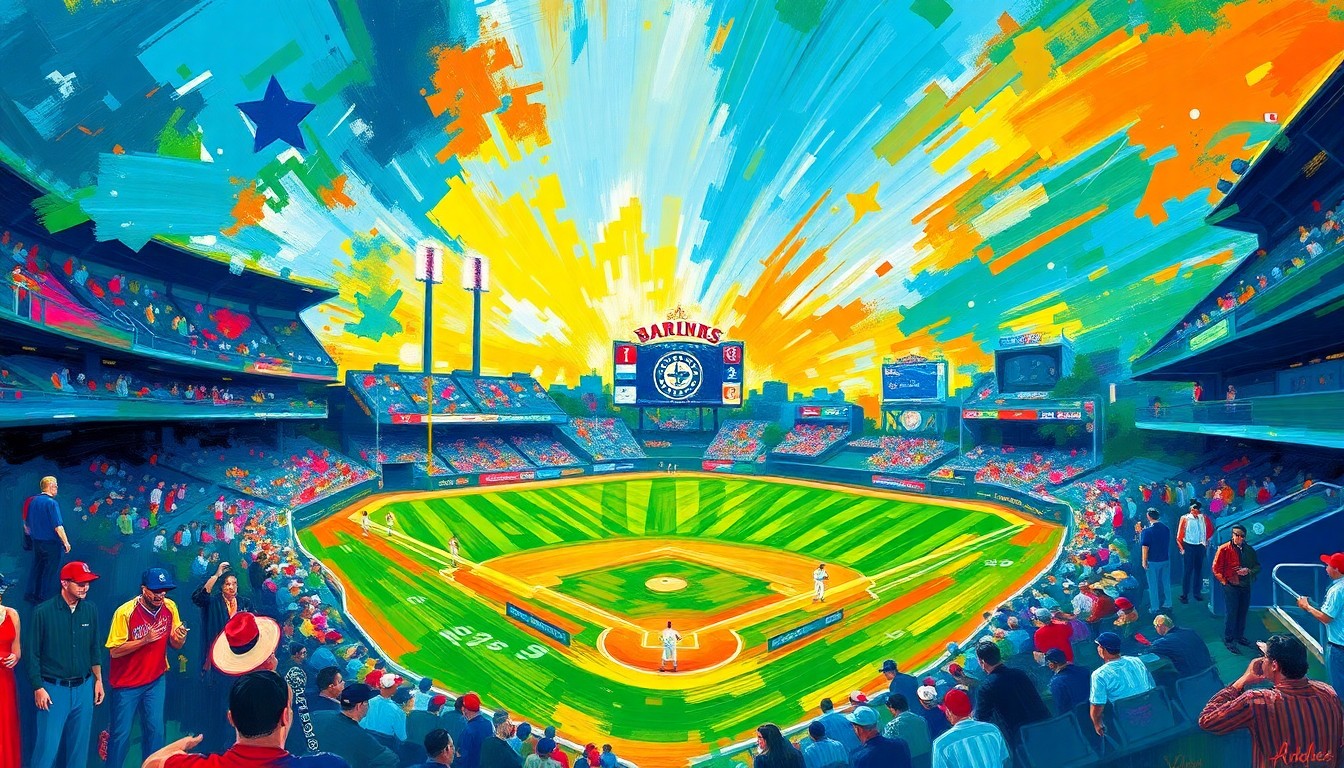 An abstract, energetic painting featuring bold, neon-colored brushstrokes that evoke the intensity and movement of a baseball game.