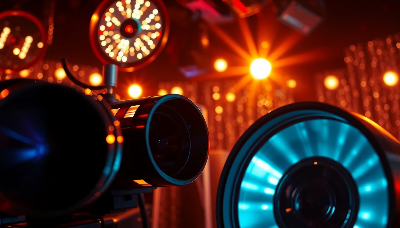 An extreme macro photograph of reflective camera lenses and bright studio lighting, capturing the high-end, glamorous nature of television production.