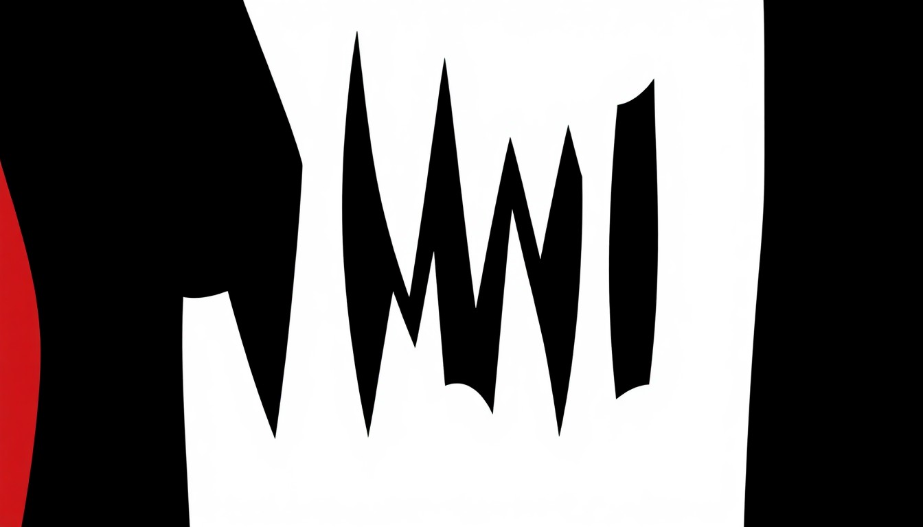 An abstract, minimalist illustration featuring stark black silhouette shapes against a bright red and white background, conveying the dynamic energy of a live comedy show.